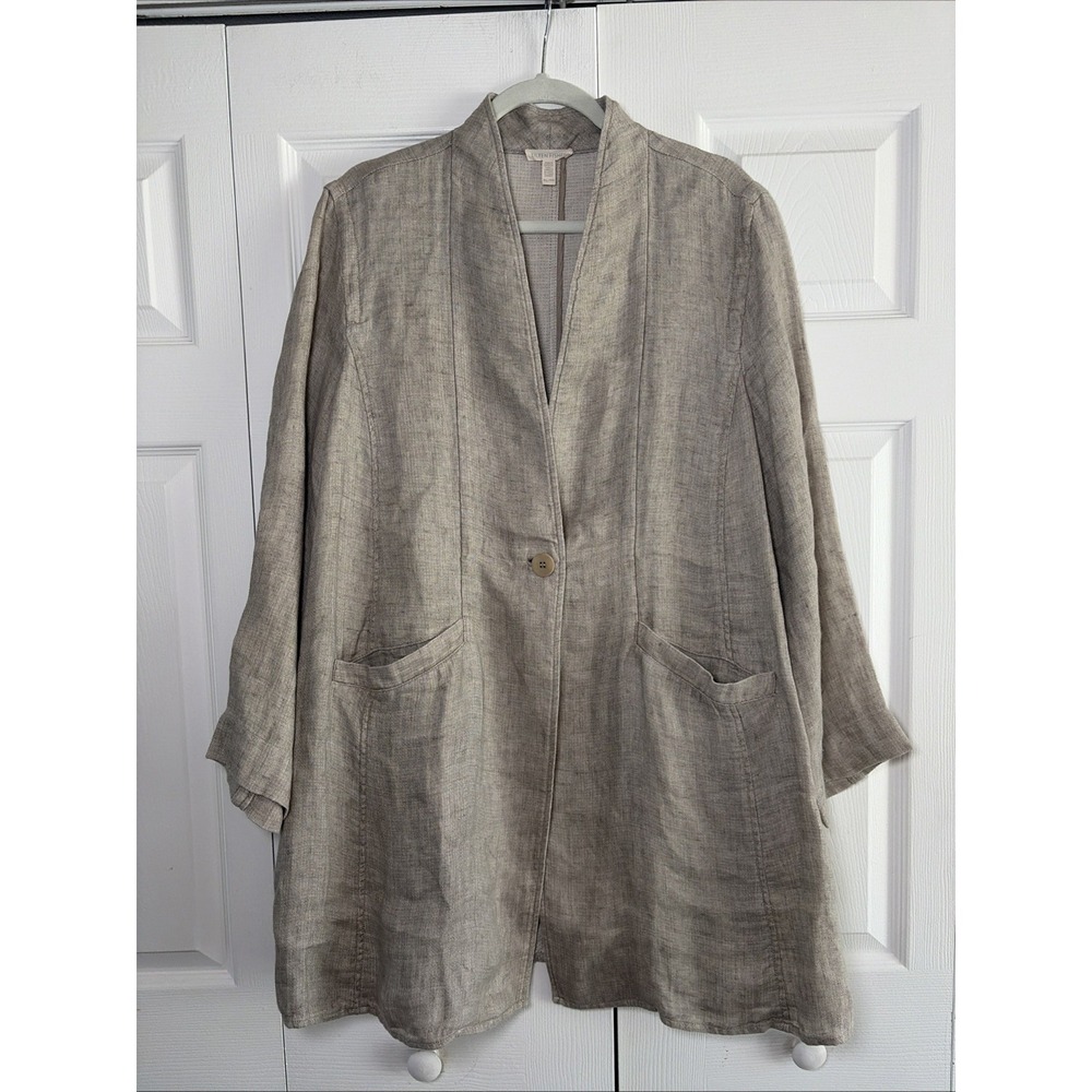 Eileen Fisher Linen Longline Cardigan Jacket Womens Size XL Tan Lagenlook Pkt